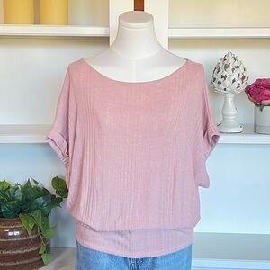 Pink Batwing Short Sleeve Top for Women Wide Neck Boat Neck Ribbed Knit Size M